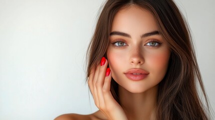 Fototapeta premium Young woman with striking features and natural makeup touching her face with a soft expression