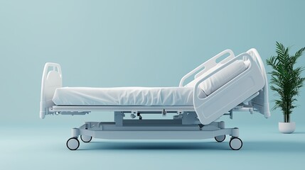 A side view of a modern hospital bed in a sterile, light blue room, featuring adjustable components and wheels for easy mobility. The setting includes a green potted plant, enhancing the room's calm 