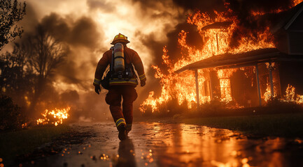 A firefighter running towards the burning house