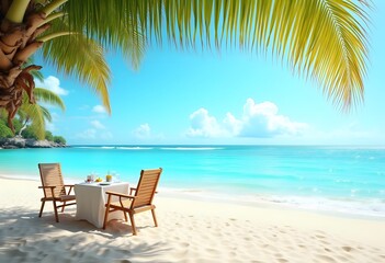 Tranquil beach scene. Panoramic tropical beach landscape for background or wallpaper, two lounge chairs with umbrella. Design of summer vacation holiday concept
