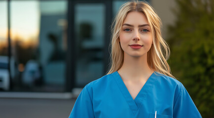 A young blonde nurse in blue scrubs