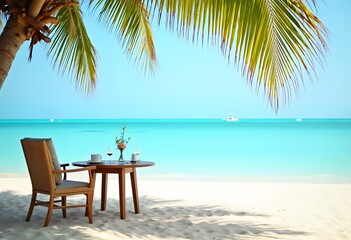 Fototapeta premium Tranquil beach scene. Panoramic tropical beach landscape for background or wallpaper, two lounge chairs with umbrella. Design of summer vacation holiday concept 