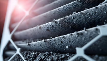 Close-up of multi-stage air filter with uv radiation and activated carbon granules. Replaceable carbon air purifier filter. Hepa filter surface background isolated with white highlights, png