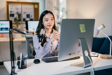 Young asian businesswoman speaking on microphone while recording podcast in her office, she is...