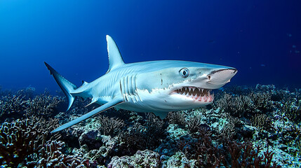 Fototapeta premium Shark swimming among coral reefs in clear waters.