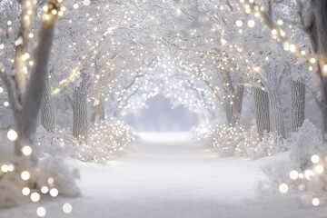Beautiful snowy winter forest with lights