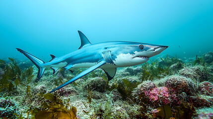 Fototapeta premium Shark swimming in a vibrant underwater environment.