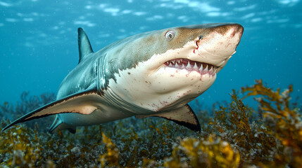 Naklejka premium Shark swimming in clear blue ocean waters.