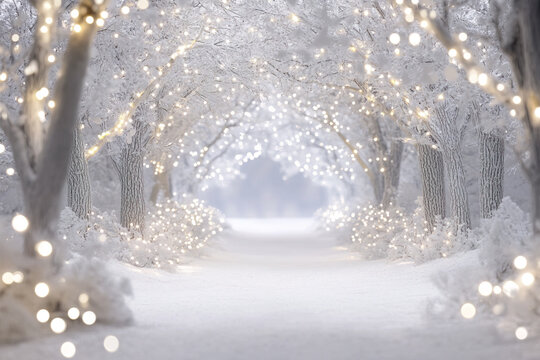 Beautiful snowy winter forest with lights