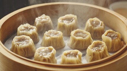 Delicious Steamed Dumplings in Bamboo Basket
