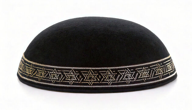 kippah, yarmulke, yamaka, bullcap, or koppel is a brimless cap, usually made of cloth, traditionally worn by orthodox Jewish males. Isolated on white background. Hand made stitched