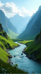 Fototapeta premium Meandering River Flowing Through a Lush Green Valley With Steep, Rocky Slopes. The Surrounding Landscape is Dotted With Various Shades of Green Vegetation and Wildflowers