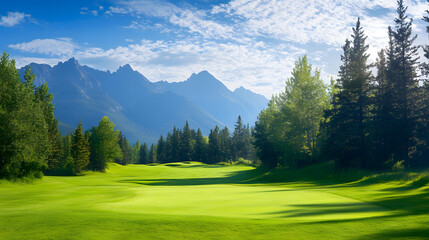 A Beautifully Maintained Golf Course with Lush Greenery, Majestic Mountains, and a Clear Blue Sky for an Invigorating Outdoor Experience