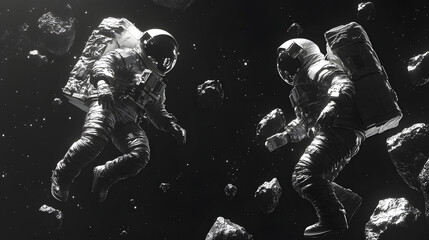 Fototapeta premium A Journey Through the Cosmos: Two Robot Astronauts Navigate the Asteroid Belt While Surrounded by Floating Meteorite Fragments