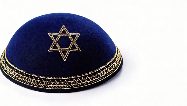 kippah, yarmulke, yamaka, bullcap, or koppel is a brimless cap, usually made of cloth, traditionally worn by orthodox Jewish males. Isolated on white background. Hand made stitched