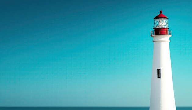 A minimalist view of a white lighthouse against a clear blue sky, with soft sunlight highlighting the simplicity and elegance of the structure