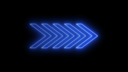 Abstract right direction concept icon neon glowing royal blue color 4k illustration on black background.