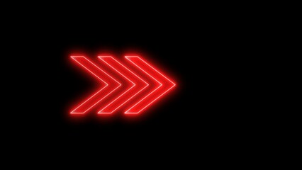 Abstract right direction concept icon neon glowing red color on black background 4k illustration. 