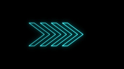 Abstract right direction concept icon neon glowing cyan color 4k illustration on black background.