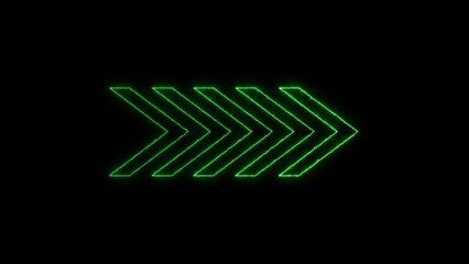 Abstract right direction concept icon neon glowing orange color 4k illustration on black background.