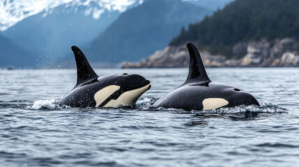 Fototapeta premium Two orcas swimming in a serene ocean landscape.