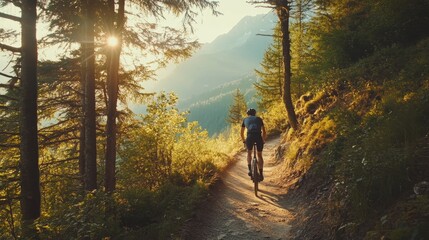 Cyclist Riding Through Sunlit Forest Trail in Mountainous Terrain
