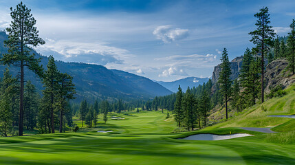 A Picturesque Golf Course Set Amidst Rolling Hills, Surrounded by Tall Trees and Impressive Mountain Ranges Beneath a Bright Blue Sky