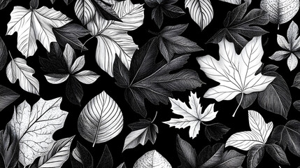 Whimsical Black and White Illustration of Autumn Leaves Dancing Playfully Across the Page Reflecting Fall's Essence