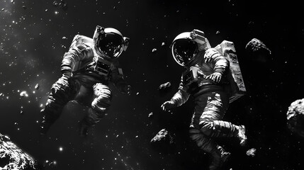 Fototapeta premium A Journey Through the Cosmos: Two Robot Astronauts Navigate the Asteroid Belt While Surrounded by Floating Meteorite Fragments