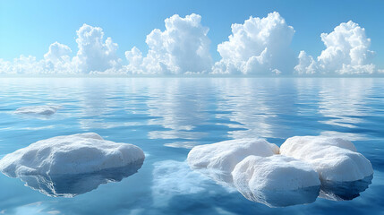 White Rocks Floating on Calm Blue Ocean Water with Clouds in the Sky - 3d Illustration