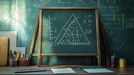 Chalkboard with mathematical diagrams and tools for learning.