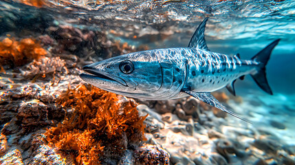 Fototapeta premium Underwater scene featuring a barracuda near coral.