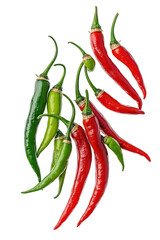 red and green hot chili peppers, some red and green chili peppers or cayenne falling or flying on transparent background in vertical image proportion