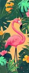 Fototapeta premium vector image of a pink flamingo on a background of green exotic palm leaves and monstera for wallpaper, generative AI