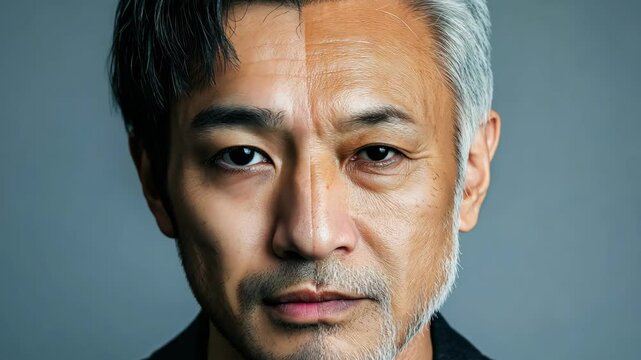 Aging Process: Split-Screen Visual of a Man's Face, Young vs. Old, Showing the Transformation Over Time