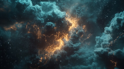 Fototapeta premium chaotic lightning striking dark clouds, symbolizing turmoil and the power of nature, evoking feelings of intensity, fear, and awe in an atmospheric landscape