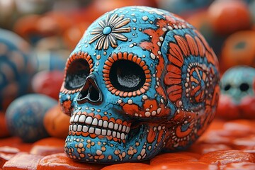 Bold Blue and Orange Skull with Unique Artistic Flair.