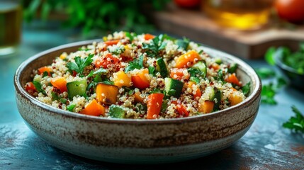 Vibrant Quinoa Salad with Fresh Veggies on Rustic Table Setting