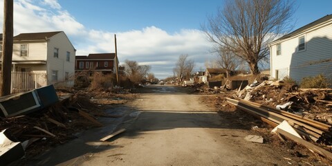 A street lined with debris and broken homes after a storm, depicting the destruction left in the wake of powerful natural forces and human perseverance.