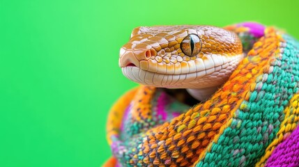 Obraz premium A cheerful snake enjoys a playful moment, wrapped snugly in a shiny, colorful scarf that brightens its vibrant surroundings