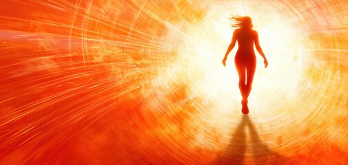 Silhouette of a woman walking towards a bright light in an abstract orange background.