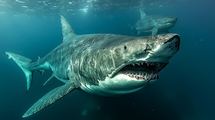 Naklejka premium Underwater view of a great white shark.