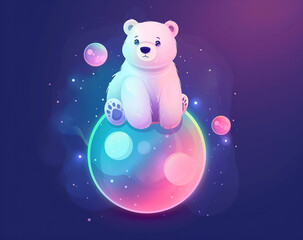 Obraz premium white polar bear on top of iridescent spheres, floating in space, dark blue background