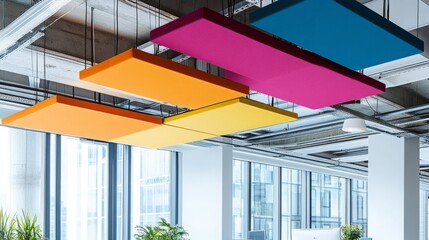 Colorful acoustic panels suspended in a modern office space.