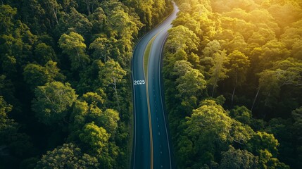 Serene Road Through Lush Forest Landscape with Golden Sunlight in 2025