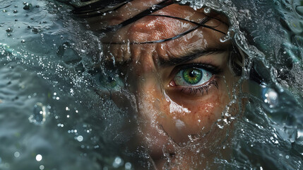 A striking close-up of a person's eye peering through water, showcasing intense emotion during the stormy conditions