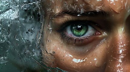 A close-up view of a person's eye peeking through water, capturing intricate details and vibrant colors in a serene underwater setting