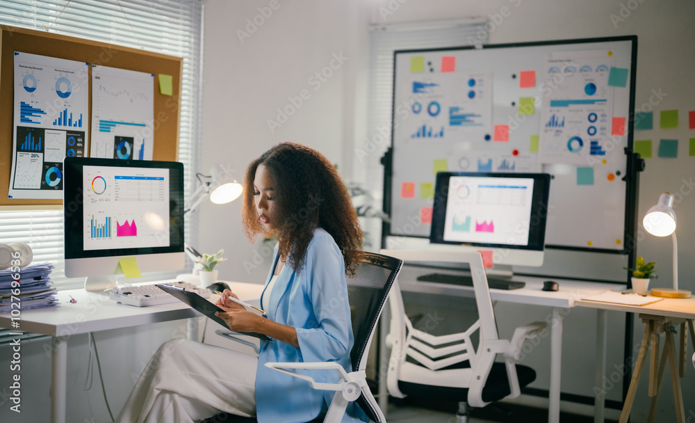 Poster young african american businesswoman is sitting at her desk reviewing financial data on a clipboard.