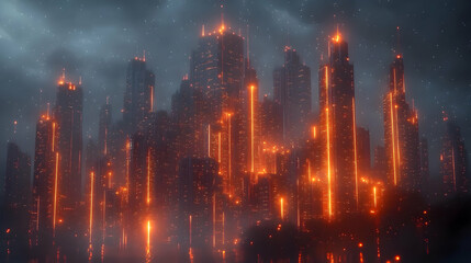 Futuristic Cityscape with Orange Lights Illustration