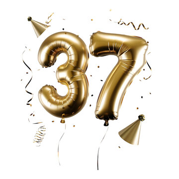 Gold Number 37 Balloon with Confetti Background